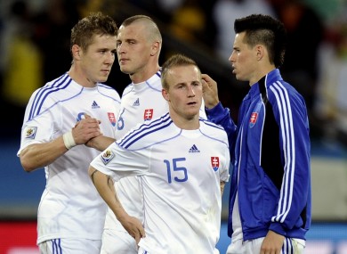 Juraj Kucka, Jan Durica, Miroslav Stoch, and Marek Hamsik od Slovakia after the World Cup exit to the Netherlands.