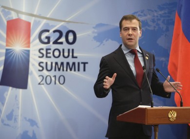 Russian president Dimitry Medvedev speaks to reporters at the conclusion of the G20 summit in Seoul.