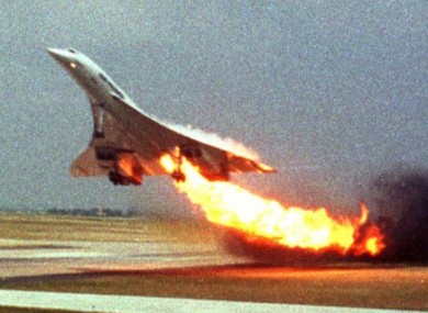 Air France Concorde flight 4590 takes off with fire trailing from its engine on 25 July, 2000.