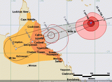 Chart predicting course of Cyclone Yasi towards Australia.