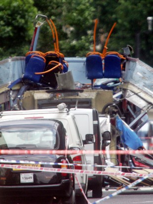 The wreckage of a bus bombed on Tavistock Square, London, in the July 7 bombings in 2005 - an attack carried out by 'home-grown' Islamic terrorists.
