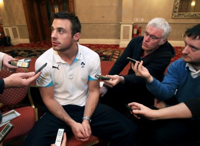 Tommy Bowe chats to the media at Killiney Castle Hotel this morning.