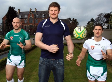 Shamrock Warriors' captain Hugh Hogan, former Ireland and Leinster player Malcolm O'Kelly and Simon Keogh at yesterday's launch..