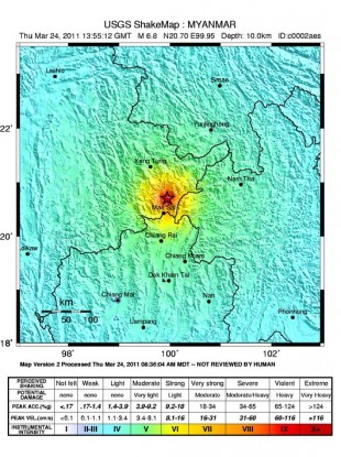 The map shows how the 7.0-magnitude quakes hit near the border of several Southeast Asian countries