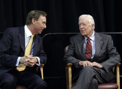 John L Lahey (left) speaks with former US president Jimmy Carter before an event at the former's Quinnipiac University.