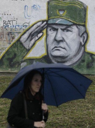 Graffiti in Belgrade of Ratko Mladic, wanted for genocide and captured in Serbia