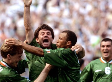 Ray Houghton celebrates scoring against Italy in the 1994 World Cup.
