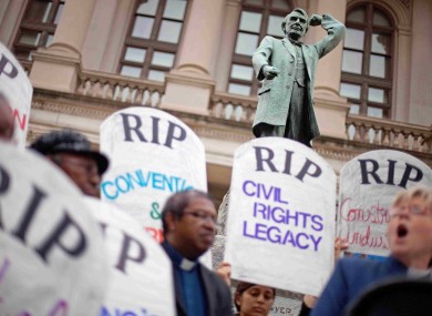 Protesters demonstrate against a proposed Arizona-style immigration bill for Georgia in April.