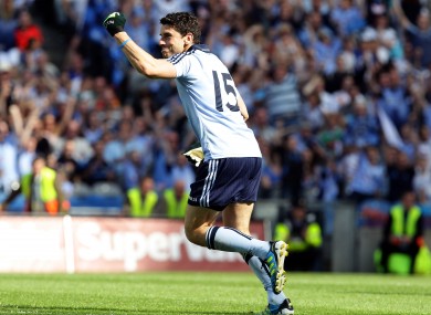 Dublin's Bernard Brogan celebrates scoring the winning point from a free kick during the final moments of the match.