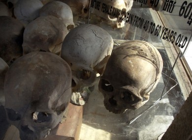 Human skulls of the Khmer Rouge's victims are on display at Choeung Ek stupa, former Khmer Rouge killing field in the outskirt of Phnom Penh