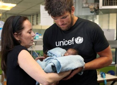 UNICEF Ireland Ambassador and Irish rugby star Donncha O'Callaghan and UNICEF Ireland Executive Director Melanie Verwoerd visit the neo-natal ward of Harare General Hospital, Zimbabwe.