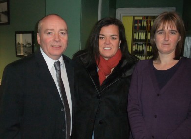 Rosie O'Donnell (centre) pictured with Mario Corrigan, executive librarian of Newbridge Library, and Karel Kiely, who helped research her family's history.