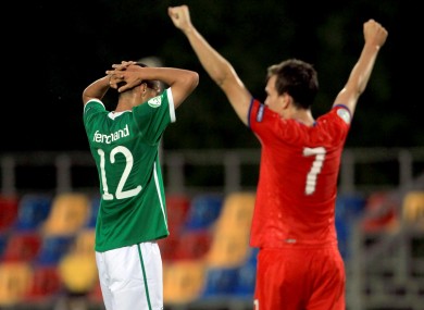Ireland's Kane McGovern holds his head at the end of the game.