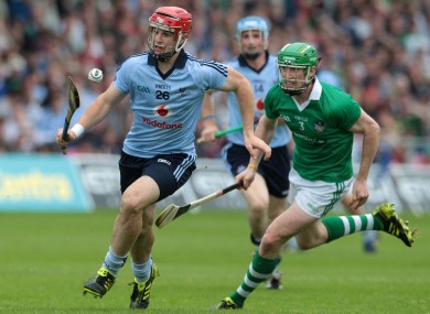 Dublin's David Treacy and Seamus Hickey of Limerick during the All-Ireland quarter-final.