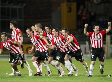 Derry City celebrate after beating Sligo Rovers on penalties.