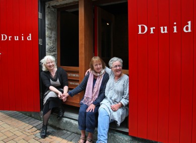 Lally's Druid co-founders Marie Mullen and Garry Hynes with Mick Lally's wife Peig (centre) at the memorial.