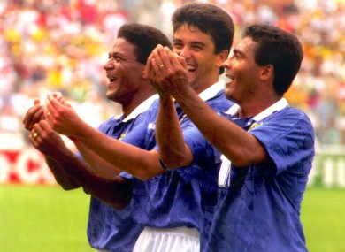 Bebeto and Romario rocking the baby during Brazil's semi-final win over the Netherlands.