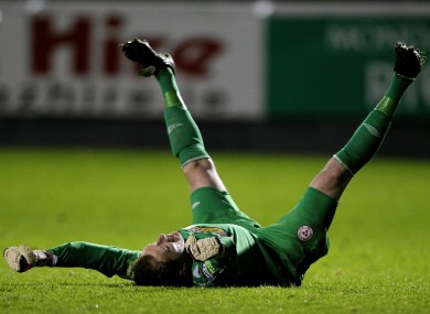 Shelbourne goalkeeper Dean Delaney celebrates last night's FAI Cup semi-final win over St Patrick's Athletic.
