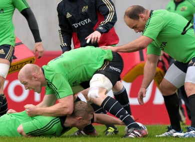 Paul O'Connell gets stuck in at Munster training this week.