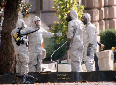 File photo of a hazardous material team outside Capitol Hill in the US in October 2001.