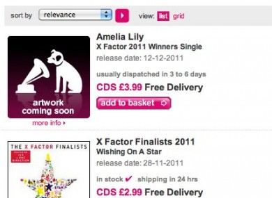Amelia Lily's 'winner's single' was available for pre-order on HMV.com - with no similar offering for the other two finalists.