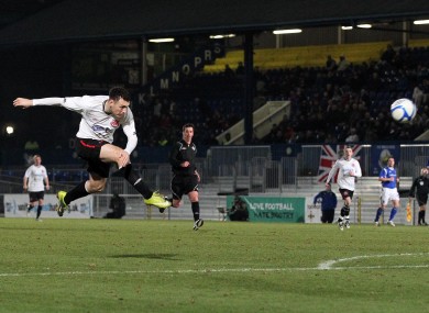 Quigley scoring on his Dundalk debut against Linfield last February.