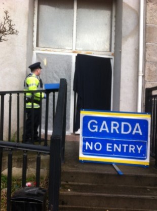 The scene outside the apartment block where Anthony Fallon was found