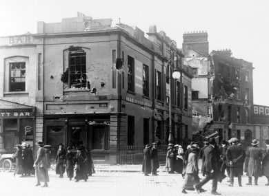 Trade unionist Jim Larkin's HQ left in ruins after the 1916 Rising in Dublin.