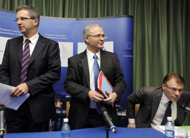 The ECB's Klaus Masuch, the EC's Istvan Szekely and the IMF's Craig Beaumont, in Dublin today.