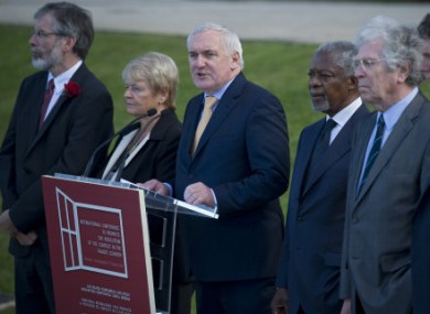 Ahern with Gerry Adams and Kofi Annan at the International Conference in October 2011.