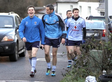 Paddy Andrews, Paul Brogan, John Small and Alan Brogan make their way to the pitch in Tallaght.