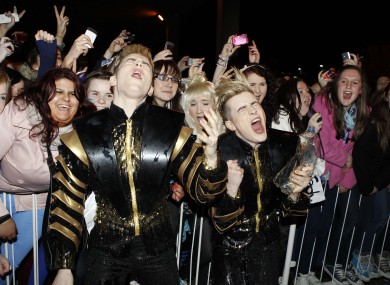 Jedward celebrate with their fans outside RTÉ studios in Donnybrook last night