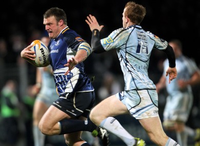 Leinster's Nathan White (left) holds off Dan Fish of Cardiff during a Pro12 game in December.