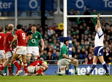 Wayne Barnes (far right) signals for a penalty against Stephen Ferris in the final minute.