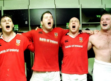 David Wallace, Anthony Foley, Keith Wood and Frankie Sheahan celebrate after a European Cup semi-final in 2000