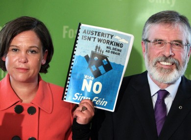 Sinn Féin deputy leader Mary Lou McDonald and leader Gerry Adams at the launch of the party's campaign against the Fiscal Compact treaty yesterday.