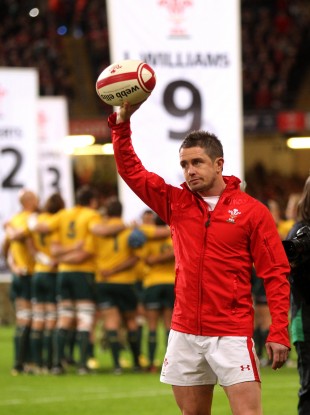 Shane Williams salutes the crowd at Millennium Stadium before his final appearance for Wales