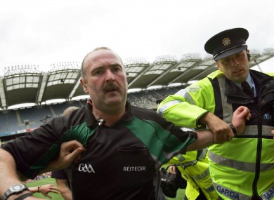 Martin Sludden is escorted off the field at the end of the 2010 Leinster final