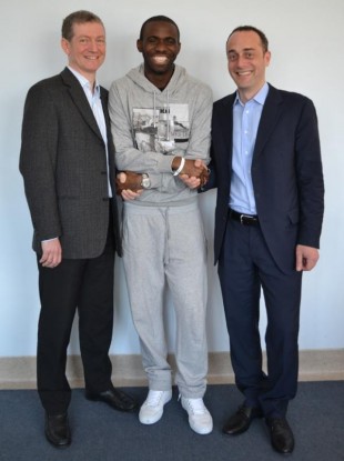 Fabrice Muamba pictured with Dr Andrew Deaner, left, and Dr Sam Mohiddin.