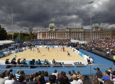 The gold medal match during FIVB Beach Volley International Olympic test event tournament at Horse Guards Parade in London recently.