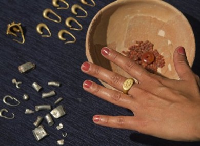 Ancient jewellery discovered by Israeli archaeologists is displayed at the Tel Aviv University.