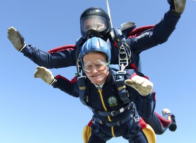Feeling the fear and doing it anyway... This was George Moyse, aged 97, from Bournemouth in the UK, doing a tandem parachute jump for charity in 2009.