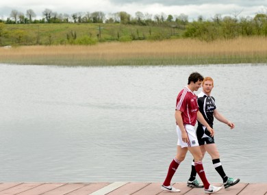 Galway's Finian Hanley and Sligo's Ross Donovan at the launch of the Connacht Football Championship yesterday.