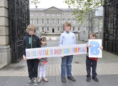Luke O'Brien, 8, Faye O'Brien, 5, Rickard Donovan, 8, and Will Donovan, 6, at the launch of the Plan B campaign outside Leinster House yesterday.