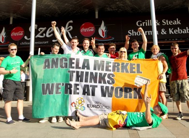 The Irish fans with the flag in Poznan.