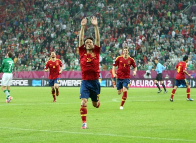 David Silva of Spain celebrates scoring his side's second goal.
