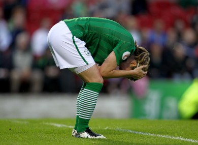Ciara Grant holds her head after Ireland's 1-0 defeat against Scotland last night, ending their hopes of qualifying for next year's European Championships.