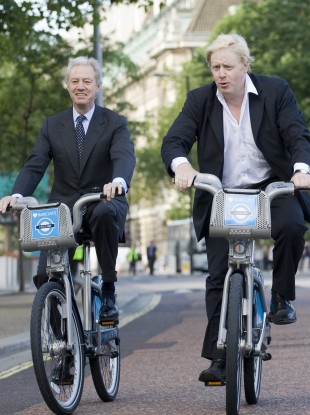 On his bike: Barclay's chairman Marcus Agius at a photocall with London Mayor Boris Johnson last year.