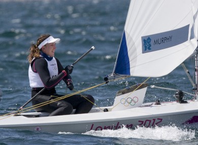 Ireland's Annalise Murphy celebrates crossing the line in first position in the first of two races yesterday.