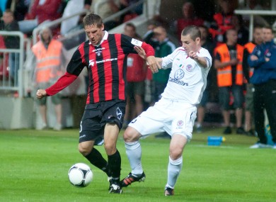 Sligo skipper Danny Ventre and Vlastimil Stozicky of Spartak Trnava.